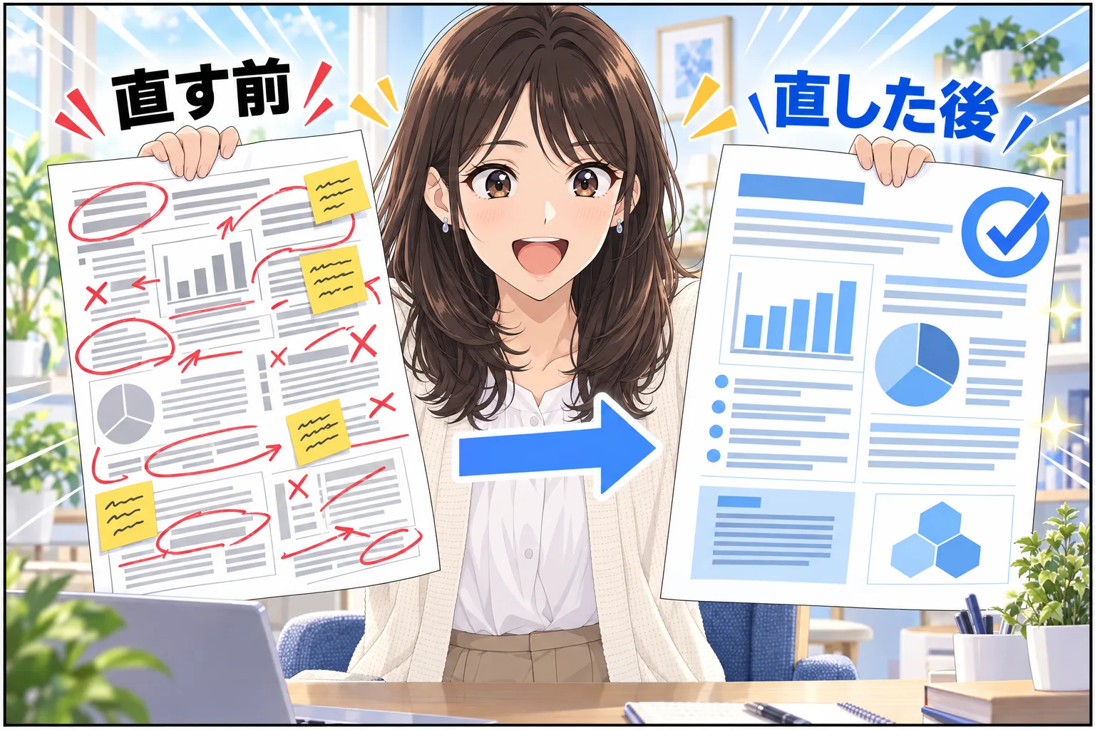 漫画の主人公の女性が、赤ペンの書き込みだらけの「直す前」の資料と、青いチェックが付いた「直した後」の資料を両手に持って見比べているイラスト