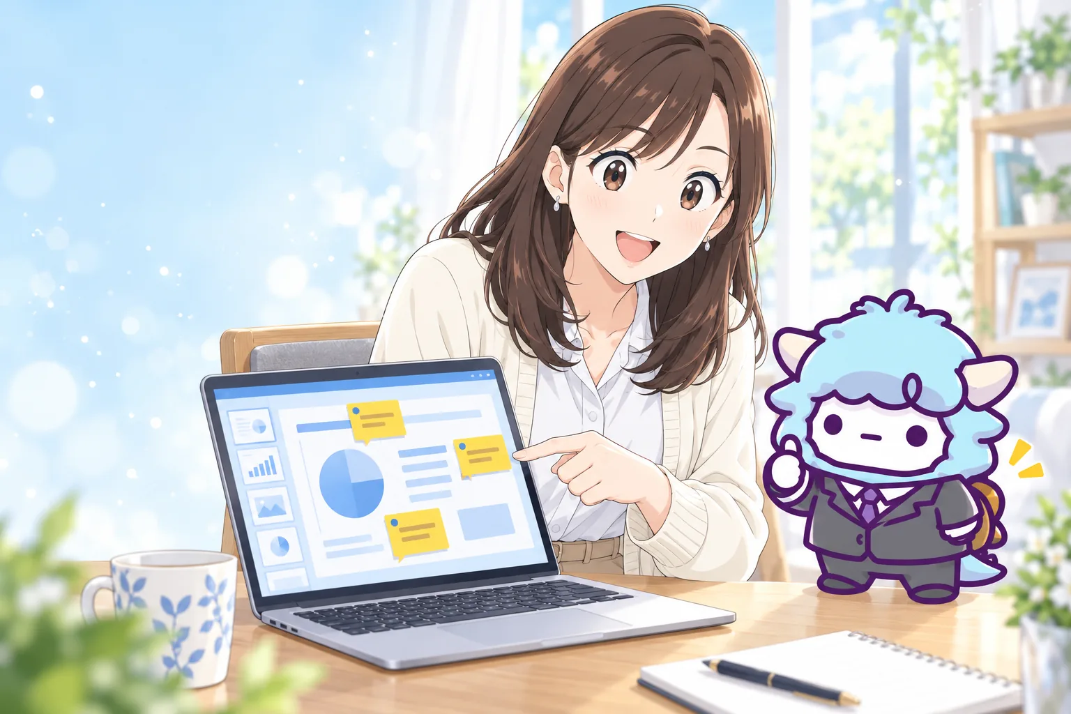 ノートPCの資料に付いたコメントの付箋を指さして笑う女性と、横で親指を立てるわど君