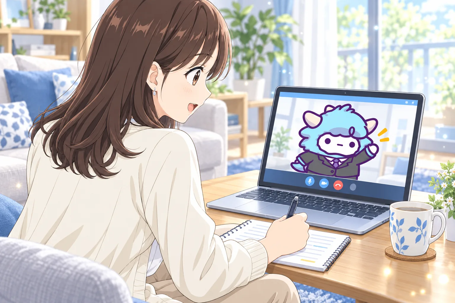 明るい昼のリビングでオンライン面談中の主人公。画面の中にわど君が映っていて、メモを取りながらリラックスして笑っている