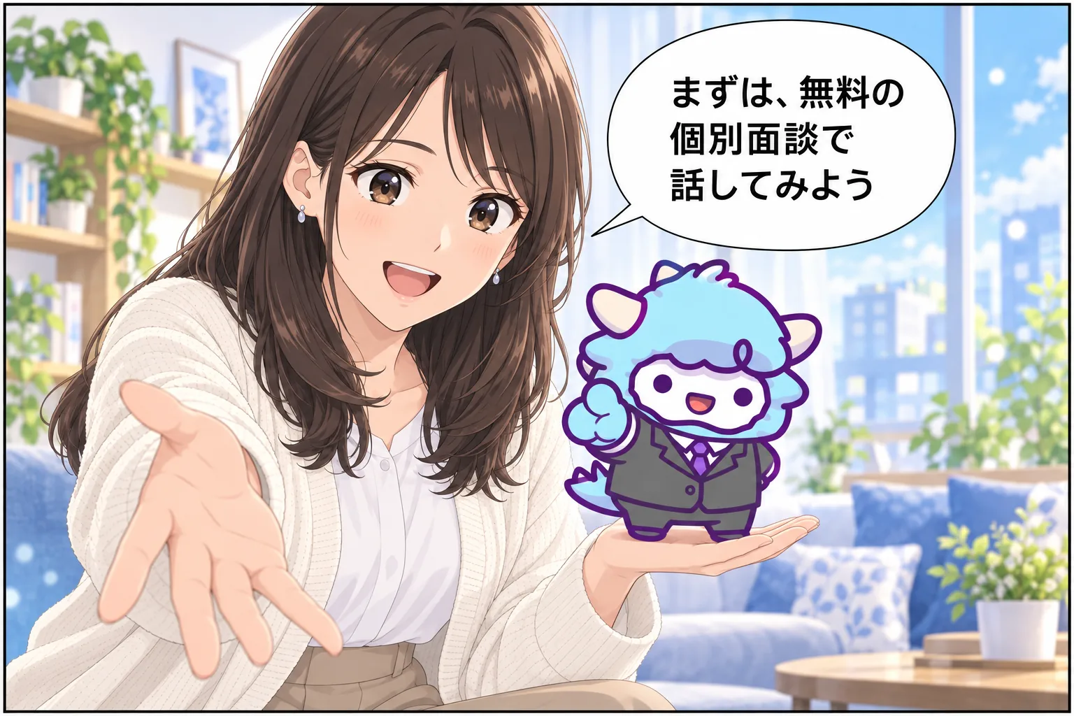 女性とわど君が、無料の個別面談に誘っている漫画のコマ