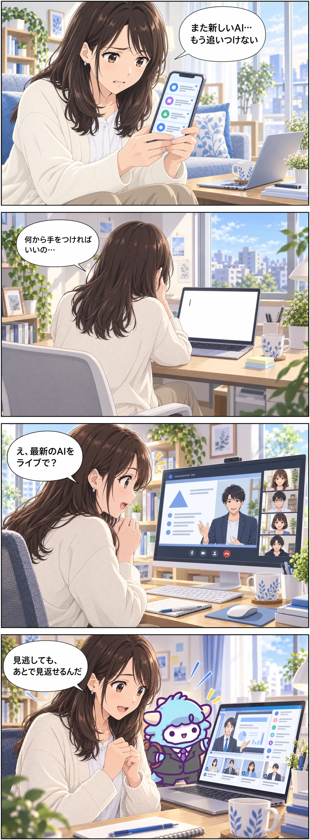 次々に出る新しいAIに追いつけず、白紙の画面の前で何から手をつければいいか迷う女性が、勉強会のライブ配信で最新のAIを知り、わど君にアーカイブで見返せると教わる4コマ漫画