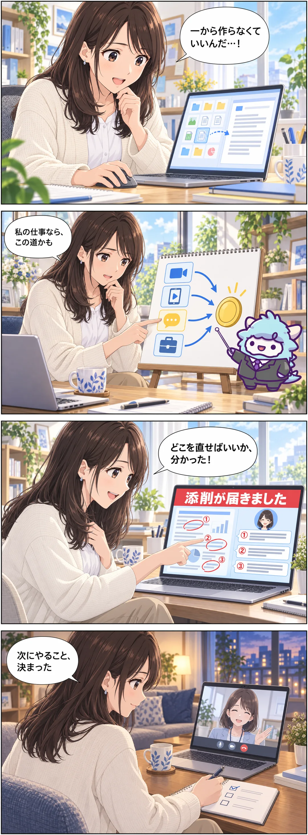 会員サイトの資料を取り込み、ジャンルを選び、届いた添削で直す場所が分かり、スタッフとの1対1のZoomで次にやることが決まる4コマ漫画